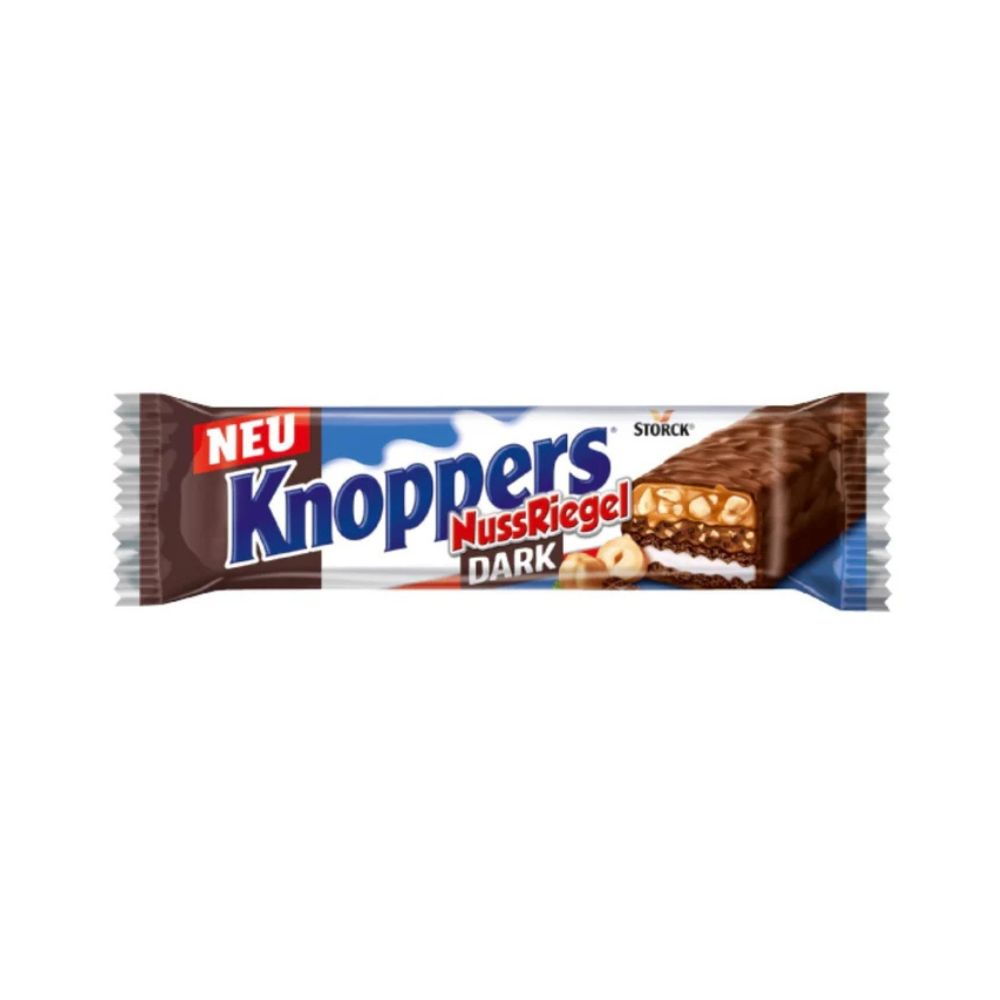 KNOPPERS Nuss Riegel Dark - Questa barretta offre una combinazione squisita di wafer croccante, ricco di cioccolato fondente, e un generoso strato di nocciole tostate 40g