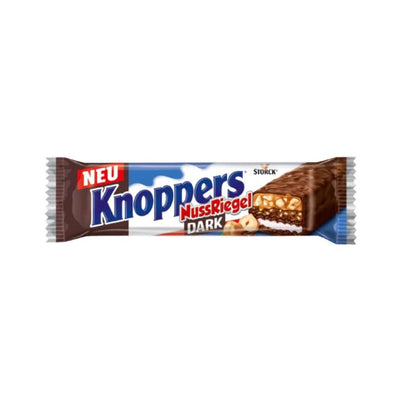 KNOPPERS Nuss Riegel Dark - Questa barretta offre una combinazione squisita di wafer croccante, ricco di cioccolato fondente, e un generoso strato di nocciole tostate 40g