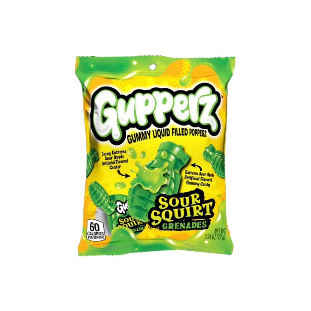 Gupperz Sour Squirt Grenade – Caramelle gommose alla Mela Verde 72g - sono dolcetti gommose a forma di granata, con un ripieno liquido al gusto di mela verde.