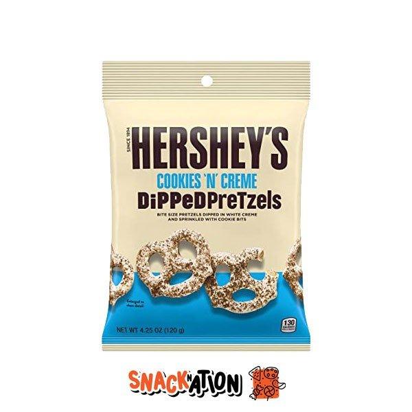 HERSHEY'S Cookies N Cream Dipped Pretzel - Piccoli Pretzel ricoperti di cioccolato bianco e biscotti 120 gr - Snackation