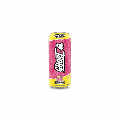 Ghost Energy Sour Pink Lemonade Zero 500 ml su sfondo bianco