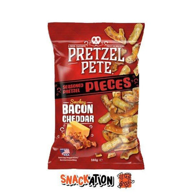 PRETZEL PETE Smokey Bacon & Cheddar Pieces - Pretzel al gusto di cheddar e bacon affumicato 160 gr - Snackation