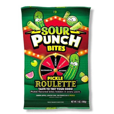 SOUR PUNCH Bites PICKLE ROULETTE- Caramelle aspre al LIMON,GREEN APPLE, WATERMELON, PICKLE..... 142 gr