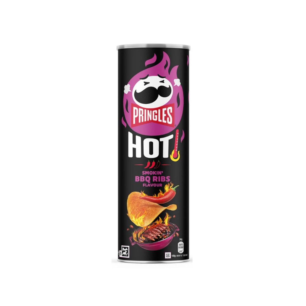 PRINGLES Hot Smokin BBQ Ribs Flavour,  patatine dal gusto deciso e speziato, che combinano il sapore affumicato delle costine barbecue con una nota piccante di peperoncino 160g