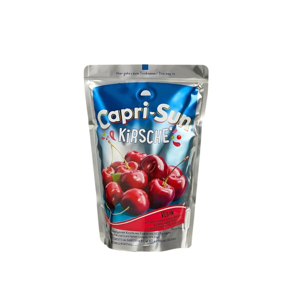 CAPRI-SUN Kirsche, bevanda al gusto di amarena da 200ml -Il Capri-Sun Kirsche offre un gusto dolce e leggermente acidulo, caratteristico delle amarene, combinato con note di limone e lime.