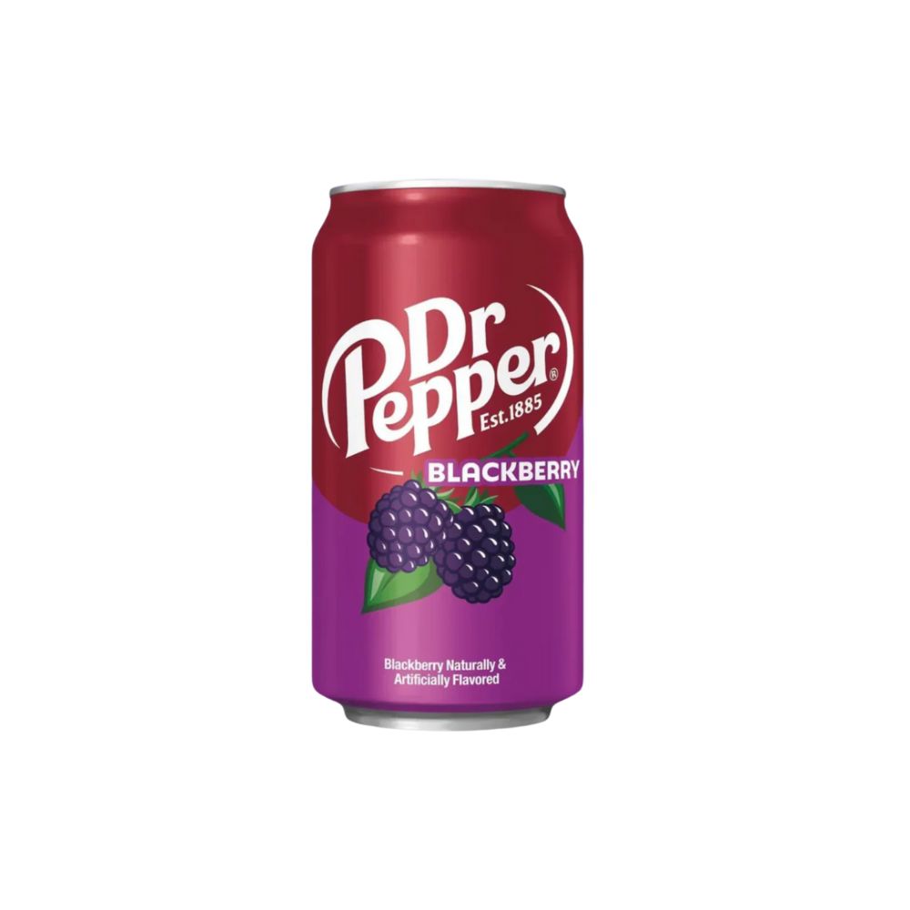 DR PEPPER USA Blackberry, è una variante fruttata del classico Dr Pepper, con l’aggiunta di un delicato sapore di mora nera  355 ml