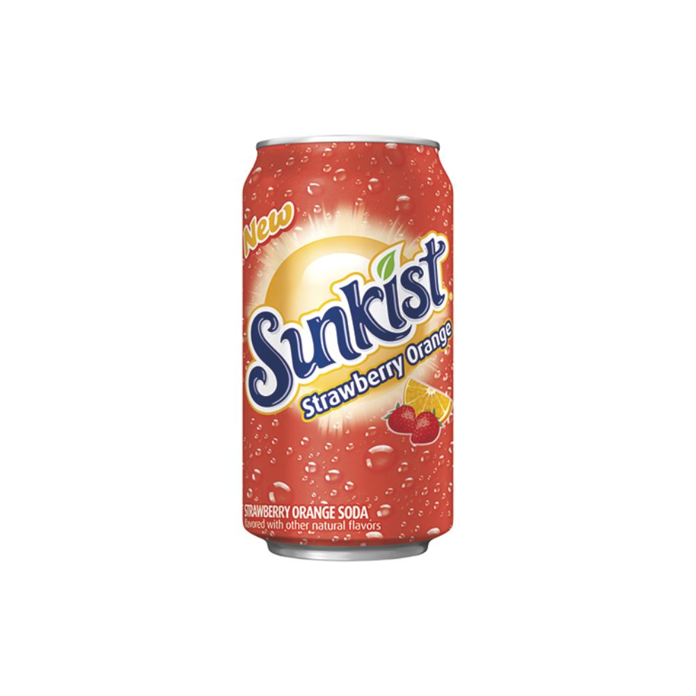 SUNKIST Strawberry Orange  - è la bibita frizzante americana che combina il gusto dolce e succoso della fragola con la freschezza agrumata dell’arancia 355ml