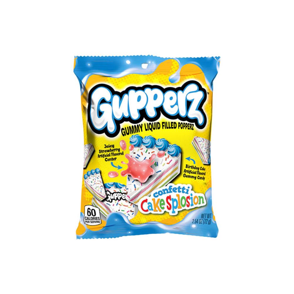 GUPPERZ Confetti Cakesplosion – Caramelle gommose Torta alla fragola 72g -sono dolcetti gommose a forma di fetta di torta, con un ripieno liquido al gusto di fragola.