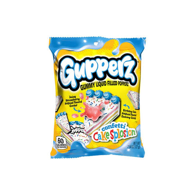 GUPPERZ Confetti Cakesplosion – Caramelle gommose Torta alla fragola 72g -sono dolcetti gommose a forma di fetta di torta, con un ripieno liquido al gusto di fragola.