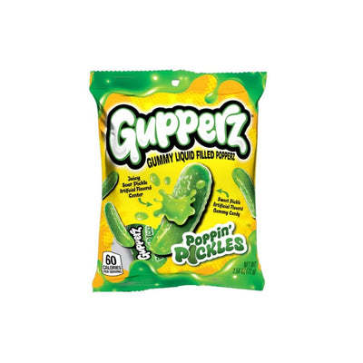 Gupperz Poppin’ Pickles – Caramelle gommose al cetriolino sottaceto 72g -sono dolcetti gommose a forma di cetriolino, con un ripieno liquido al gusto di cetriolo sottaceto