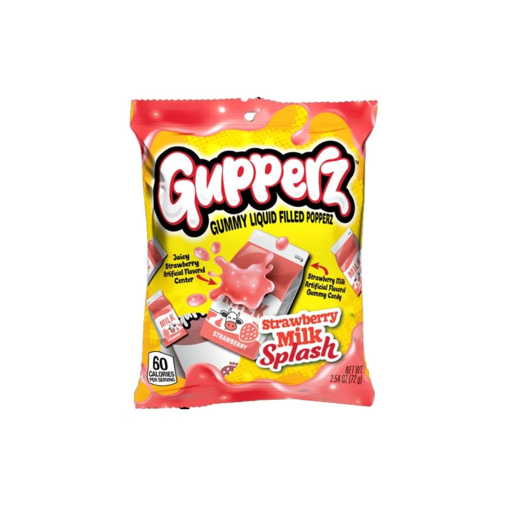 GUPPERZ Strawberry Milk Splash – Caramelle gommose Latte e Fragola 72g -sono dolcetti gommose ripiene di liquido, ispirate al gusto del latte alla fragola.