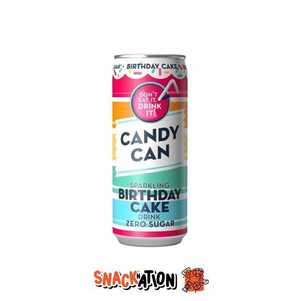 CANDY CAN Birthday Cake Zero Sugar - Bevanda frizzante al gusto di torta fragola e vaniglia 330 ml - Snackation
