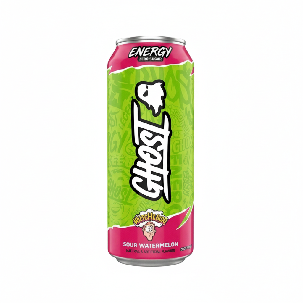 Ghost Energy x Warheads Sour Watermelon Zero 500 ml su sfondo bianco, scala uniforme