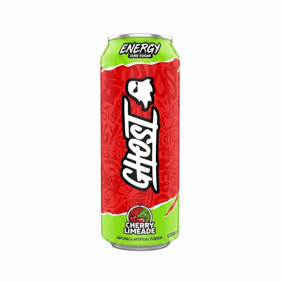 Ghost Energy Cherry Limeade Zero su sfondo bianco, scala uniforme