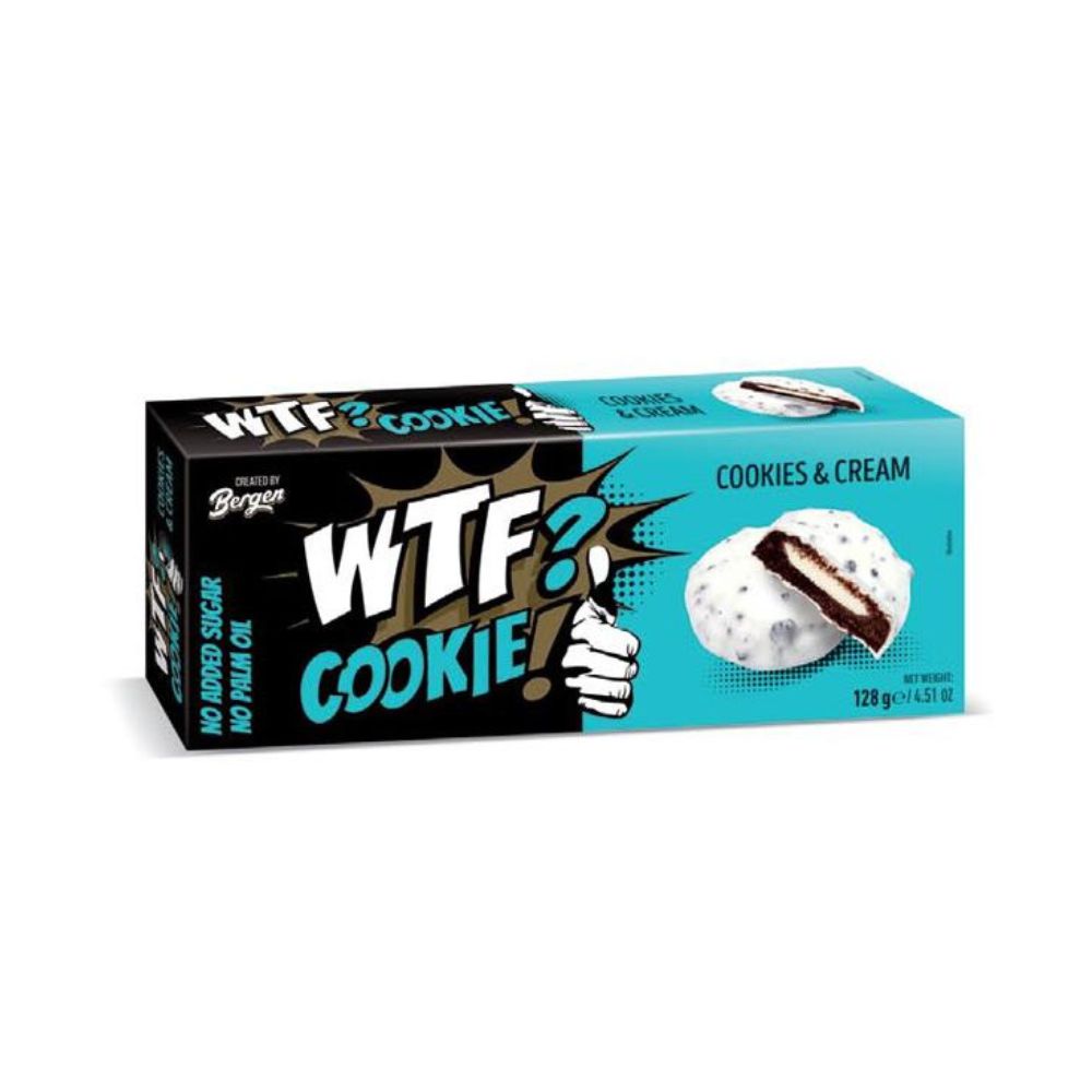 WTF COOKIE? Cookies & Cream - Biscotti al cioccolato ripieni di crema alla vaniglia , ricoperti di glassa vaniglia e biscotti 125 g